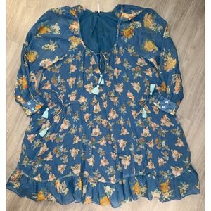 Free People Blue Floral Tiered Ruffle Mini Dress Tassel Boho Women's Size XS